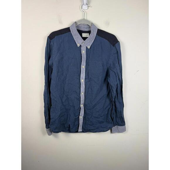 AllSaints 100% Linen Long Sleeve Button Down Breathable Blue Black Preppy M - Picture 1 of 6